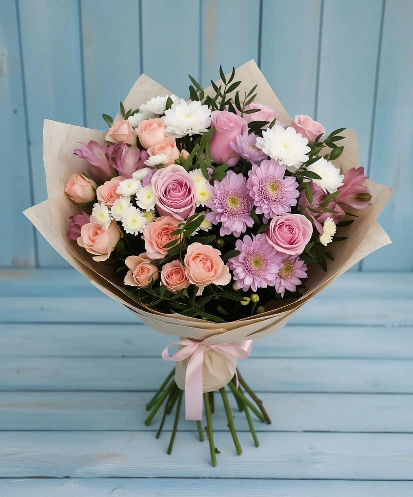 Букет цветов из: Хризантемы, Розы и Альстромерии в Каче