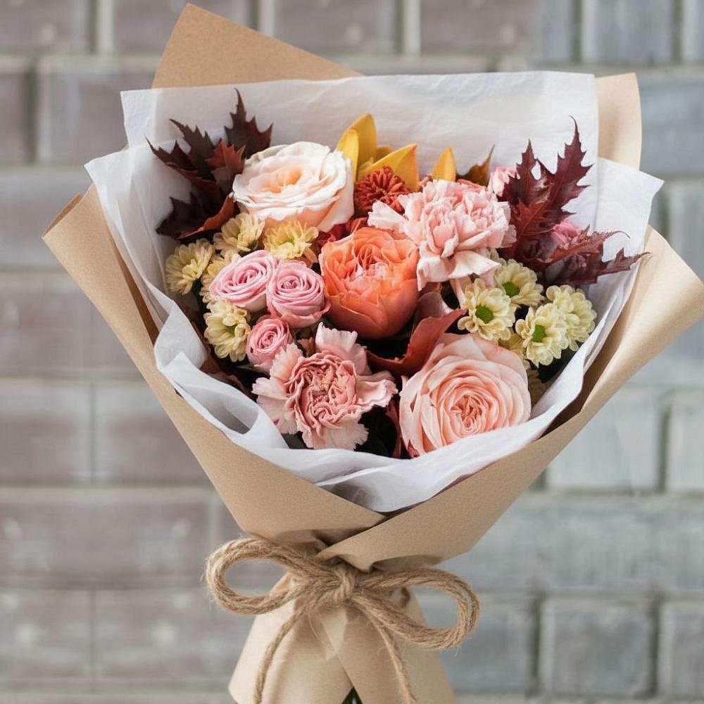 Букет цветов из: Гвоздики, Хризантемы и Розы в Каче