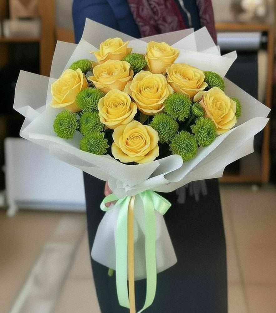 Букет цветов из: Хризантемы и Розы в Каче