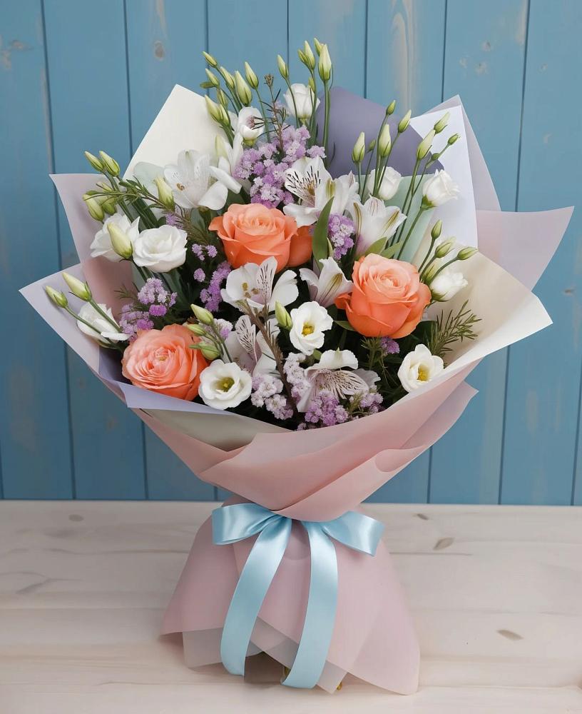 Букет цветов из: Лизиантусы, Розы, Альстромерии и Гипсофила в Каче