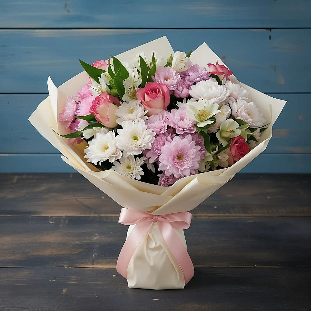 Букет цветов из: Хризантемы, Альстромерии и Розы в Каче